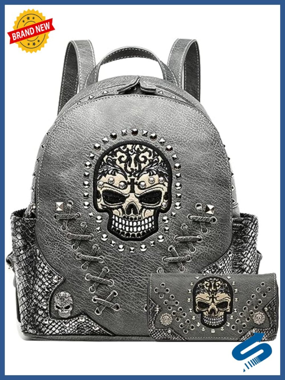Punk Skull Rivet Stud Biker Backpack Wallet Set Vegan Leather Daypack
